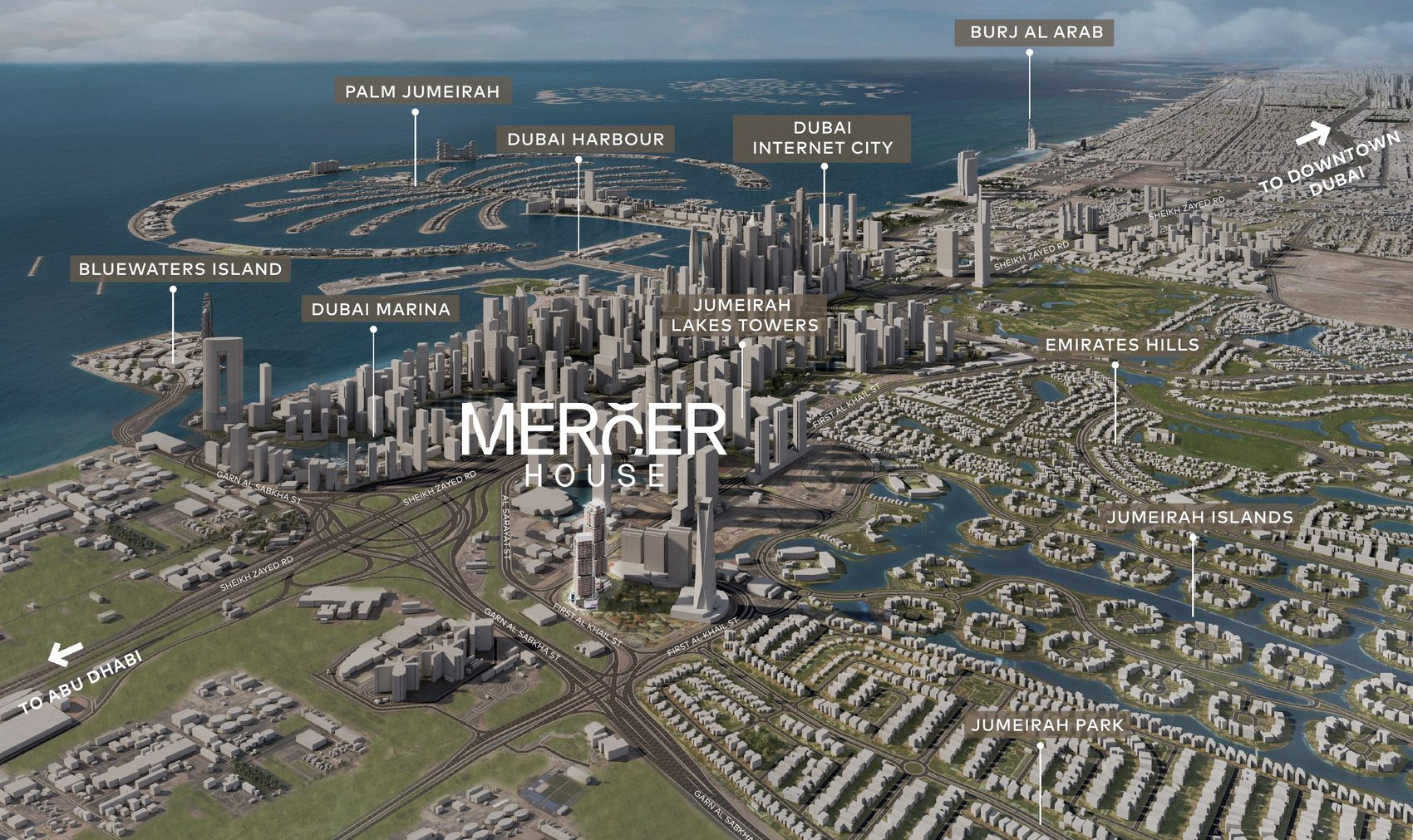 Vue aérienne : Mercer House entre Dubai Marina et JLT