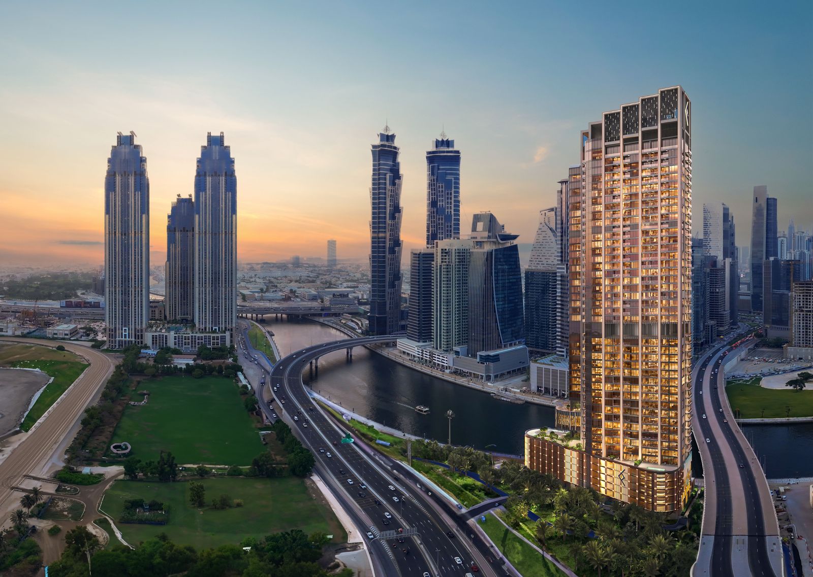 One River Point, vue aérienne sur le canal